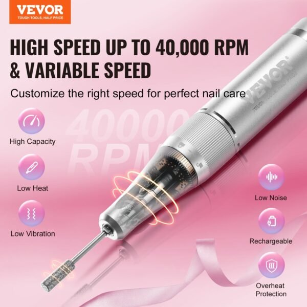 VEVOR Electric Rechargeable Nail Drill, 40,000RPM Portable Cordless Nail E File Machine, LCD-Display Acrylic Gel Grinder Tool With 6 Bits And 50PCS Sanding Bands For Manicure Pedicure Carve Polish